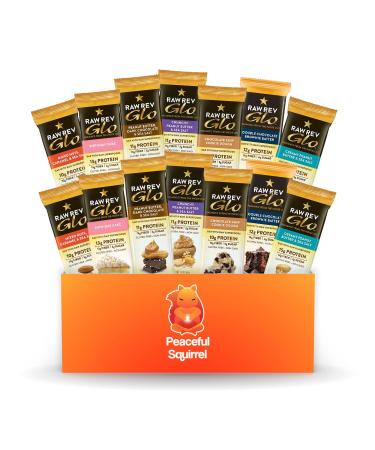 Peaceful Squirrel Variety, Raw Rev, Glo Bars, High Protein and Fiber, Vegan, Gluten-Free Bars - Variety of 14, (2 of Each Flavor) - 1.6 Ounce