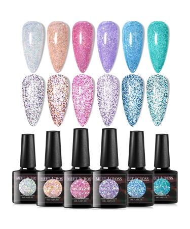 MEET ACROSS Reflective Glitter Gel Nail Polish, Shimmery Glitter Gel Polish Set, Sparkly Shiny Gel Nail Art Varnish Manicure Kit, Soak Off LED Lamp, for Beginners DIY at Home Shiny Reflective Gel