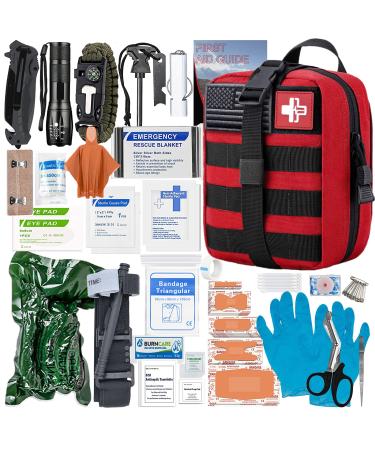 [2022 Upgrade] Trauma First Aid Kit with Survival Gear Outdoor Tactical Gear Set Military Grade Molle System for Camper Travel Hunting Hiking and Adventures(RED)