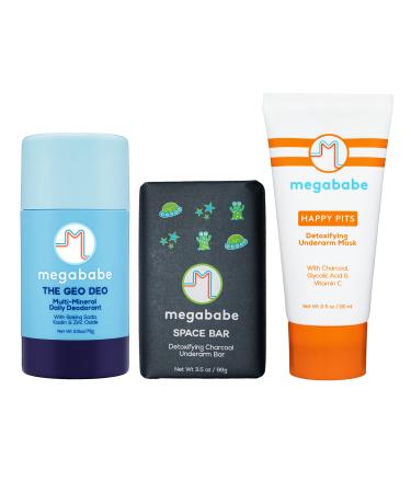 Megababe Ultimate Underarm 3-Piece Bundle - Geo Deo Daily Deodorant 2.6 oz Space Bar Detox Soap 3.5 oz & Happy Pits Underarm Mask 3 fl oz | Odor Protection Aluminum Free