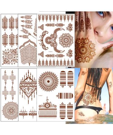 Brown Henna Temporary Tattoo Stickers  80+ Patterns Exquisite Lace Flower Mandala Flower Elephant Waterproof Fake Tattoo Wedding Party Festive Temporary Tattoos Decorations for Women Girls 6Pcs (Brown)