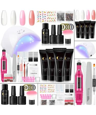 Poly Nail Gel Kit with Drill and U V Light 4pcs Poly Extension Builder Nail Clear Pink Gel Base Top Coat Slip Solution Nail Art Manicure Tools Nail Salon Full Set Starter Kit Gifts for Women colorB3