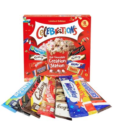 Celebrations Hot Chocolate Gift Box - Limited Edition 8 Hot Chocolate Sachets & 3 Toppings Creation Station 265g with Card. Christmas Chocolate Hamper for Stocking Fillers Secret Santa gifts