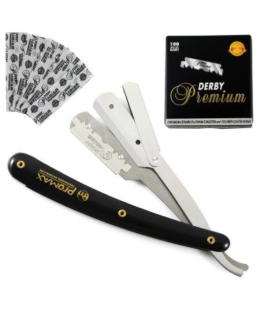 ProMax Professional Straight Edge Razor-Barber razor With 100 derby Blades-Close Shaving Men's Manual Shaver Safety Stainless Steel With Black Strong Handle 160-10035
