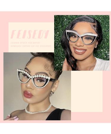 FEISEDY Diamond Blue Light Blocking Cat Eye Glasses for Women - Rhinestone Oversized Anti Eyestrain Computer Glasses Frame B2358 - 51mm - Buy Online on SooperMarket.com