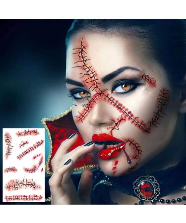 EGMBGM 128+ PCS Halloween Fake Stitches Temporary Tattoos Kit | 3D Zombie Makeup for Adults & Kids | Scary Chucky Scars & Blood Face Stickers - Buy Online on SooperMarket.com