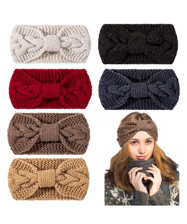 Whaline 6 Pieces Knit Headbands Winter Ear Warmers, Twisted Elastic Turban Head Wraps with Bow Knot, Hair Band Accessories, Hair Scrunchies Scarves for Women Girls (Yellow Grey Colors)