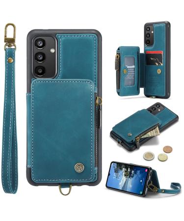 Soonic protective cover for Samsung Galaxy A54 5G leather magnetic wallet card compartment zipper folding envelope with straps stands coin compartment protective cover (A54 blue) A54 blue