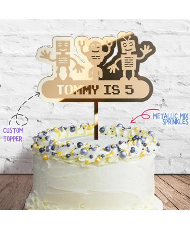 Cakeshop Cake Decoration Pack | Robot Alien Birthday Premium 3mm Mirror Acrylic Plastic Cake Topper Sign & 25g Party Pack of Cake Sugar Sprinkles | Custom Name & Age Cake Decorations (Gold) Non-Prime Mirror Acrylic: Gold - Buy Online on SooperMarket.com