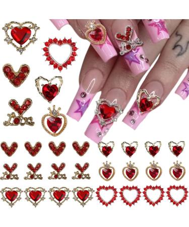 RUNRAYAY 30Pcs Heart Nail Charms Red Nail Gems 3D Metallic Nail Rhinestones for Acrylic Nails Designs Shiny Love Crystal Charms for Women Girls Nail Art Supplies Decoration
