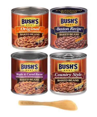Bush's Best Baked Beans, Original, Boston Recipe, Maple & Cured Bacon, and Country Style, 16 Ounce (Pack of 4) - with Make Your Day Mini Bamboo Spatula
