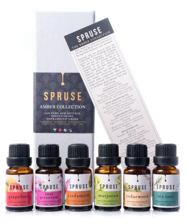 SPRUSE Canadian Amber Collection 100% Natural Essential Oils Set of 6 - Cardamom Marjoram Rose Geranium Grapefruit Cederwood & Tea Tree