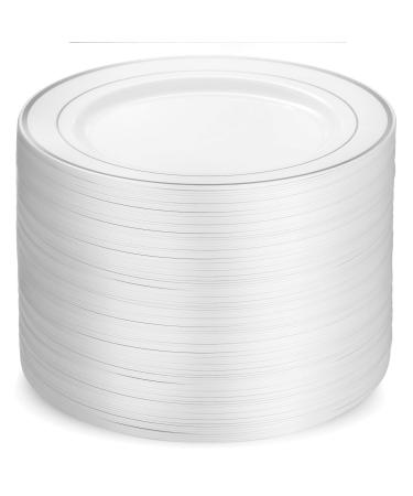 Munfix 100 Piece Plastic Party Plates White Silver Rim, Premium Heavy Duty 10.25 Inch Dinner Plates Elegant Fancy Heavy Duty Disposable Wedding Plates