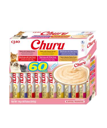 Inaba Churu Puree Katzeneckerli Multipack - 10x tuna & salmon 10x tuna & mussel 10x tuna & cheese 10x tuna & Krabbe 10x tuna & shrimp and 10x thunfish & bonito flakes tunfisch 60 g (1 Pack)