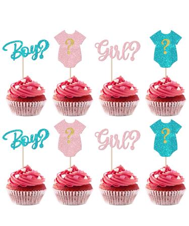 Rsstarxi 24 Pack Gender Reveal Cupcake Toppers Glitter Boy or Girl Cupcake Toppers Pink or Blue Baby Shower Cupcake Picks Decors for Gender Reveal Baby Shower Party Cake Decorations Design 9
