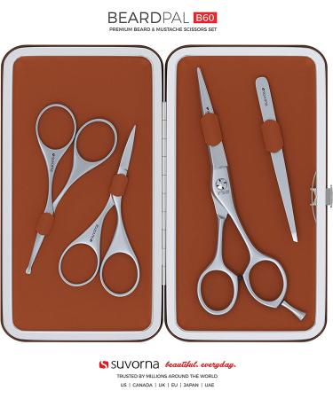 Suvorna 4-Piece Beard Grooming Kit with Multi-Functional Scissors and Tweezers - Professional Men's Facial Hair Grooming Set in Orange Brown - Buy Online on SooperMarket.com