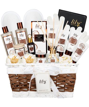 Gift Basket Body and Bath Set, At Home Spa Kit for Women Gift Set, Coconut Milk Scented Luxury Relaxing Spa Gift Baskets 18pcs Include Bath Bombs Bubble Bath Shower Gel Mud Musk Body Scrub & More