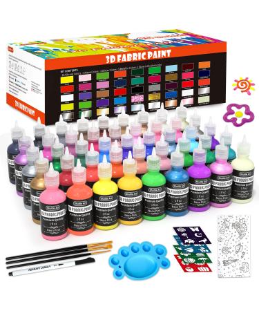 Shuttle Art Fabric Paint Set  45 Colors 3D Permanent Paint with Brushes Palette Fabric Pen Fabric Sheet Stencils  Glow in The Dark  Glitter Metallic Colors for Textile Fabric T-shirt Jeans Glass