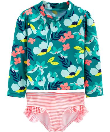 Simple Joys by Carter's Toddlers and Baby Girls' 2-Piece Assorted Rashguard Sets 3-6 Months Green Floral/Pink Stripes