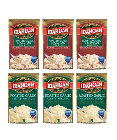 Idahoan Mashed Potatoes Roasted Garlic Variety Bundle, 4 oz (Pack of 6) includes 3-Packages of Roasted Garlic Mashed Potatoes Plus 3-Packages Roasted Garlic & Parmesan Baby Reds Mashed Potatoes