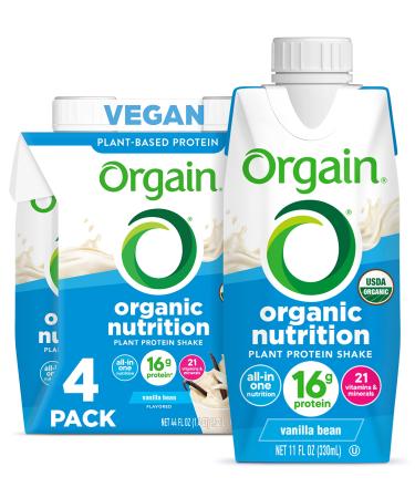 Orgain Organic Vegan Plant Based Nutritional Shake, Vanilla Bean - Meal Replacement, 16g Protein, 21 Vitamins & Minerals, Dairy Free, Gluten Free, Packaging May Vary, 11 Fl Oz (Pack of 4) Vanilla Vegan Nutrition Shake 11 Fl Oz (Pack of 4)