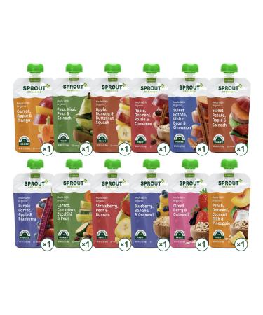 Sprout Organic Baby Food Stage 2 Pouches 12 Flavor Fruit Veggie & Grain Variety Sampler 3.5 Oz (Pack of 12)