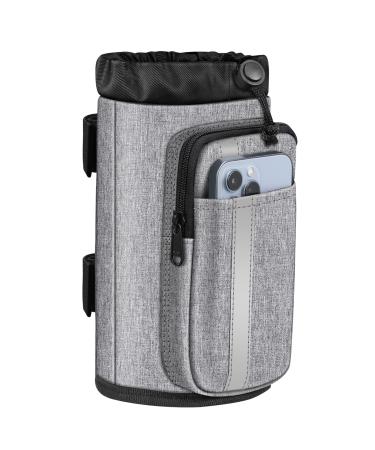 FINPAC Cup Holder for Bike, Universal Water Bottle Holder with Phone Pockets for Stroller Walker Golf Cart Rollator and Scooter, Drink Holder for Outdoor, Biking - Gray