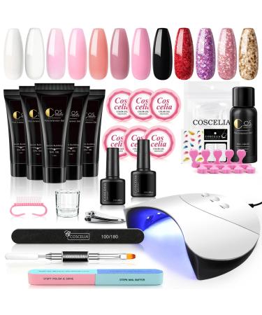 Coscelia Poly Nail Gel Kit with U V Light 6pcs Poly Extension Gel 6pcs U V Gel Glitter Builder Nail Gel with Slip Solution Quick Building Strengthening Nail Enhancement Starter Kit Gift for Women colorA5