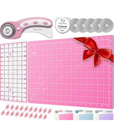 Rotary Cutter Set pink - Quilting Kit incl. 45mm Fabric Cutter, 5 Replacement Blades, A3 Cutting Mat, Acrylic Ruler and Craft Clips - Ideal for Crafting, Sewing, Patchworking, Crochet & Knitting Pink Cutting Mat Set (18" x 12")