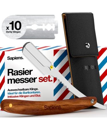 Sapiens barbershop razor men - beard razor + 20 derby half razor blades + carrying bag - barber razor with exchange blade - Straight razor wooden handle edition 12 pieces (1 Pack)