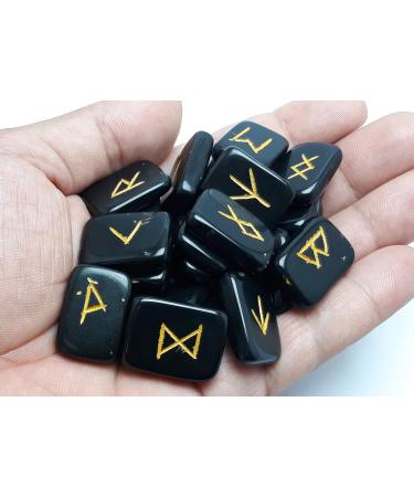 Black Tourmaline Runes Crystal Rune Stones Set Elder futhark Viking Gemstone Reiki Healing Golden Engraved Runic Alphabets (Black Tourmaline) - Buy Online on SooperMarket.com