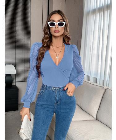 Fayenne Womens Tops Deep V Neck Cross Wrap Sexy Tops Polka Dot Mesh Long Sleeve T Shirt Casual Blouses M Grey Blue - Buy Online on SooperMarket.com