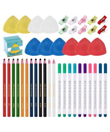 Swpeet 43Pcs Sewing Tools Kit  10Pcs Professional Tailor's Chalk and 12Pcs Sewing Mark Pencil with 12Pcs 5 Color Disappearing Erasable Ink Fabric Marker Pen and 10Pcs Plastic Clips for Sewing Marking