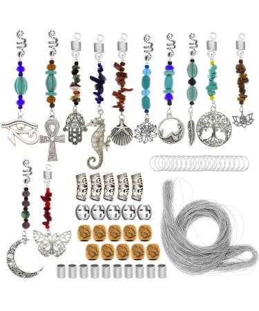 RechicGu 62Pcs Dreadlock Loc Jewelry Handmade Natural Chakra Crystal Healing Gemstones Adornment Dread Hair Beard Tube Bead Braiding Cuffs Rings Accessory with 328Feet Metallic Cord Turquoise Egyptian Cross Lotus Silver Vi…