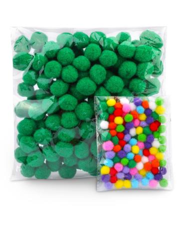 250 Pcs   150 1 inch Green Craft Pom Poms + 100 Multicolor Pom Pom Balls  Small Pom Poms Assorted Pompoms for Crafts Projects and DIY Creative Crafts Decorations