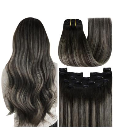Youngsee Extensions real hair clip gray clip in extensions real hair ombre black silver clip in extensions long real hair extensions clip ombre smooth hair extensions clip in remy 120g #1b/1b 55 cm (7PCs) 1-clip-4- #1b/silver/1b