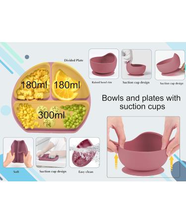 Hoseay Baby Weaning Set - 5 Pcs Silicone Feeding Set with Suction Bowl, Plate, Fork, Spoon, Bib - Baby Led Weaning Supplies for Kids/Toddlers in Pink - Buy Online on SooperMarket.com