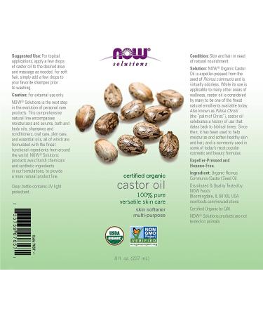 Now Foods Certified Organic Castor Oil 8 fl oz - Pure & Natural Skincare - Buy Online on SooperMarket.com
