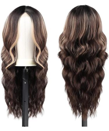 Long Brown Wavy Wig 24 Inch Highlight Wigs for Women Middle Part Curly Synthetic Hair Natural Looking Heat Resistant Fiber for Daily Party Use (Brown Mixed Blonde) - Buy Online on SooperMarket.com