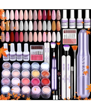 SAVILAND Dip Powder Nail Kit with Drill: 20 Colors All Season Nude Pink Keratin Dip Nails Powder Starter Kit Dipping Powder Liquid Set Dip Base Activator Top Coat for French Nail Art Manicure Home DIY Nude Pink Glitters