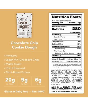Oats Overnight Vegan Breakfast Shake - Chocolate Chip Cookie Dough Flavor - 20g Protein - High Fiber & Gluten-Free - Non GMO Oatmeal - 8 Pack (2.6 oz per meal) - Buy Online on SooperMarket.com