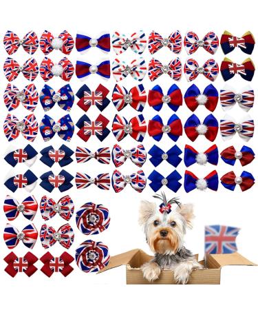 JpGdn 50Pcs/25pairs Pack Dog Hair Bows for Small Medium Dogs Cat Puppy Union Jack British Dog Bowties with Rubber Band Pet Grooming Accessories UK Flag Pattern