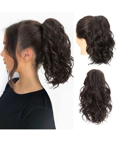 REECHO Ponytail Extension Claw Clip in Ponytail Hair Extensions 12 Inch Short Curly Ponytail Natural Wavy Synthetic Hairpiece for Women Black Brown 12 Inch Black Brown
