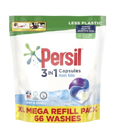 Persil Non Bio 3 in 1 Laundry Detergent Washing Pods Capsules Tablets XL Mega Refill Pack (66 Wash) Upto 3 months supply Gentle & Huggably Soft for Sensitive Skin with Comfort freshness Unscented 66 count (Pack of 1)