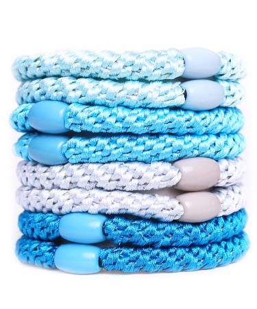 AXEN 8PCS Elastic Hair Tie for Women Girls Cotton Bands Soft Woven Ponytail Holders for Thick Hair and Curly Hair Blue Series