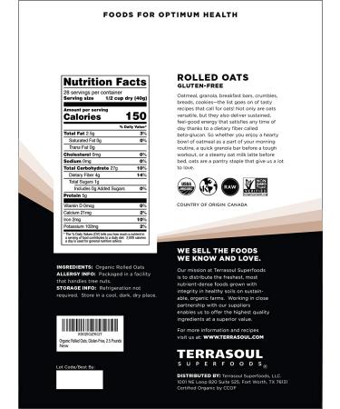 Terrasoul Superfoods Organic Rolled Oats 5 lbs - Gluten-Free Old-Fashioned Whole Grain 2.5 lbs (Pack of 2) - Buy Online on SooperMarket.com
