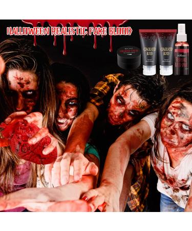 Fake Blood Makeup Kit - Washable Spray, Coagulated & Stage Blood Set - Halloween Face & Body Paint for Vampire, Zombie, Clown - 4pcs - Buy Online on SooperMarket.com