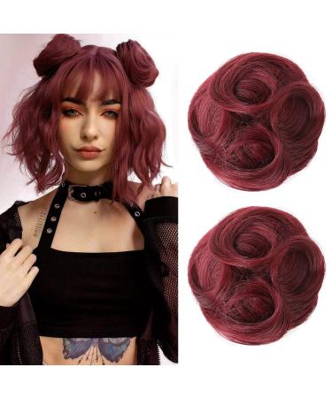 REECHO 2 PCS Mini Claw Clip in Messy & Cat Ears Hair Bun Extensions Wig Accessory Updo Hairpieces for Women Girls (Pack of 2-3.5" Wavy Burgundy) Pack of 2 - 3.5" Wavy Burgundy