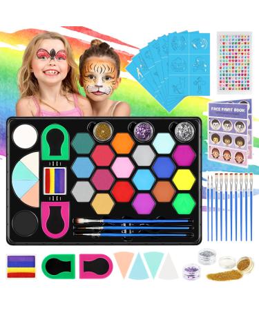 40 PCS Face Paint Kit for Kids | 20 Colors Face Painting Set Includes Stickers, Brushes,Sponges, Split Cake | Professional Face Body Painting Kits