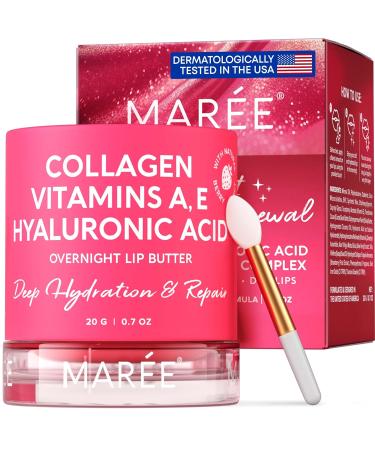 MAREE Lip Mask with Hyaluronic Acid & Coconut Oil - Overnight Collagen Lip Butter to Nourish & Hydrate Dry Cracked Lips - Moisturizer for Skin Care with Shea & Cocoa Butter - Sleeping Lip Butter Balm